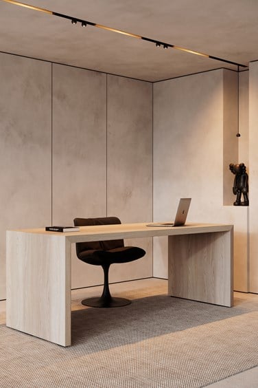 Recessed trimless suspended lighting in a timeless home office interior