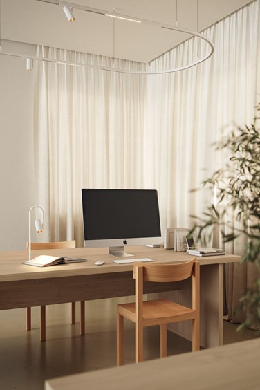 Linear and table lighting with spot lights in home office