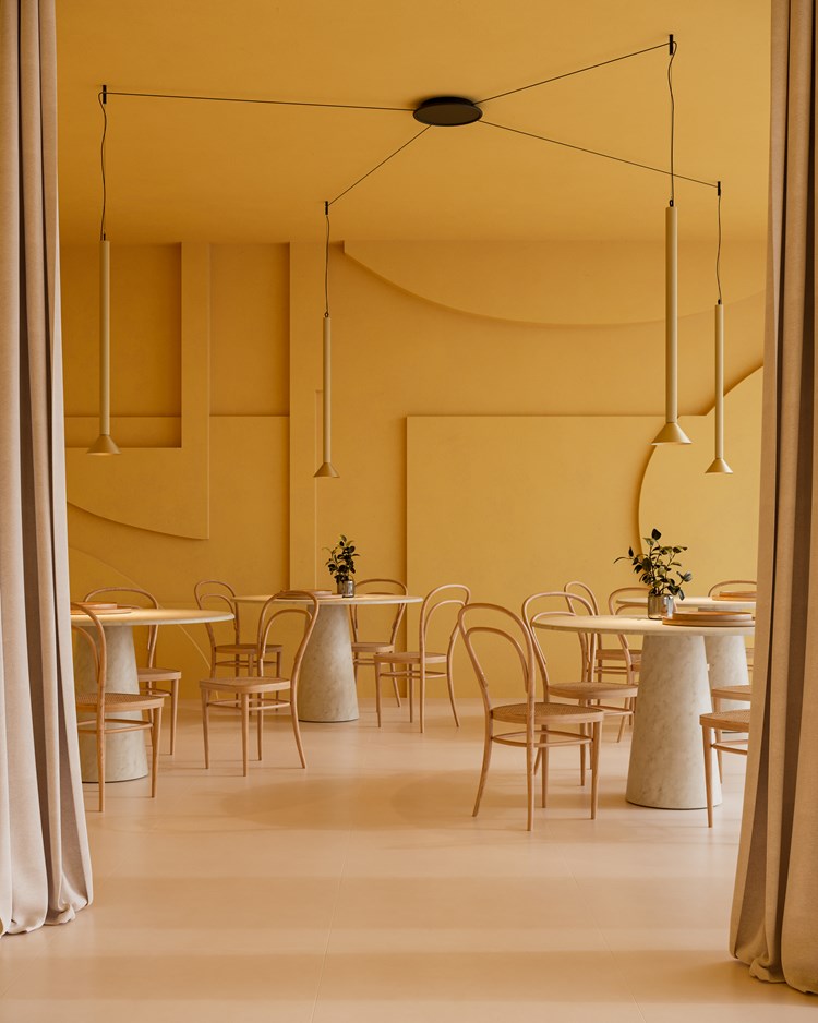 Restaurant with yellow walls and pendant lights