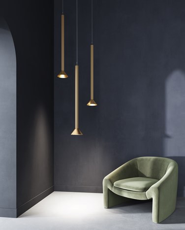 Gold pendant lighting in a blue room environment
