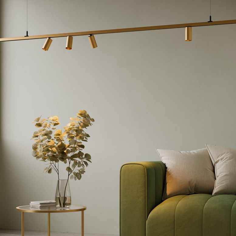 Minimalist gold track lighting with gold cylinder lights in a living room that brings earthy and natural mood