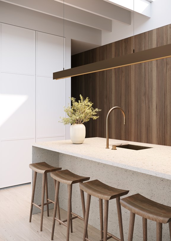 Pendant bronze linear lighting above kitchen counter top
