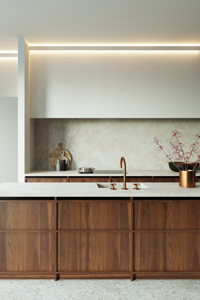 Curved corner ceiling lighting in a modern kitchen