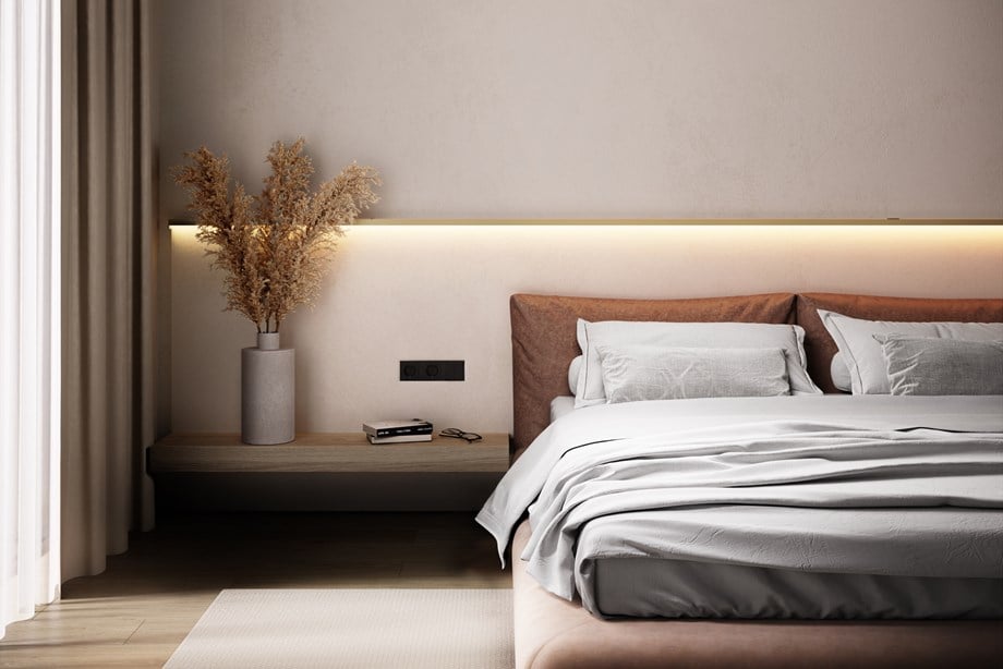 Modern minimalist linear system that blends in the wall in a bedroom interior