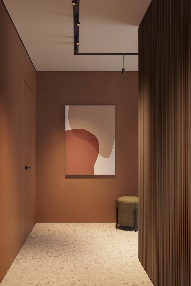 Moderner Flur mit orangefarbenen Wänden in Kombination mit einem modernen linearen Beleuchtungssystem in Kombination mit Beleuchtungskörpern