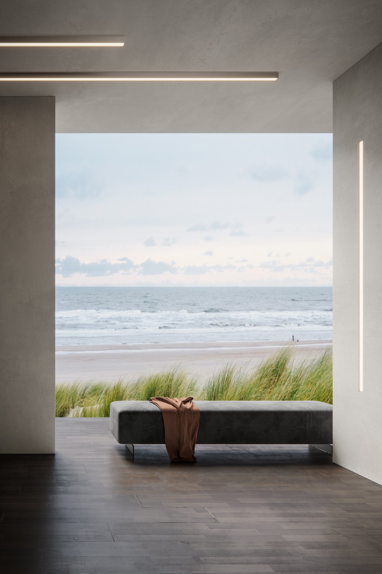 SLD35 Surface Recessed Trimless Ano Silver Bronze Brushed Anodised in hallway with beach view