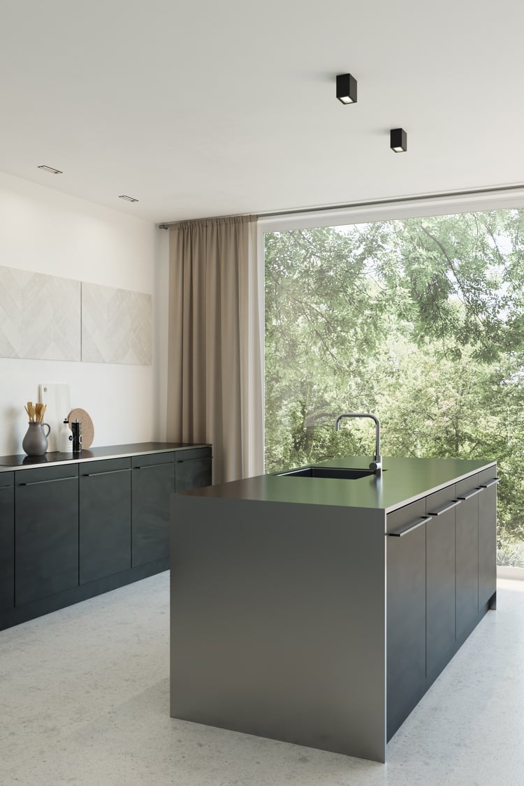 Black cube lights in a modern kitchen