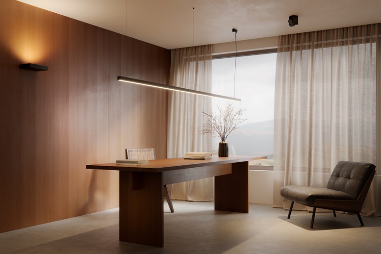 Suspended linear lighting in home office