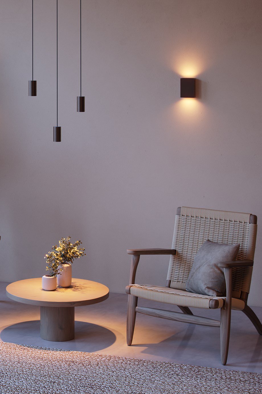 Pendant and wall lighting combined in sitting area