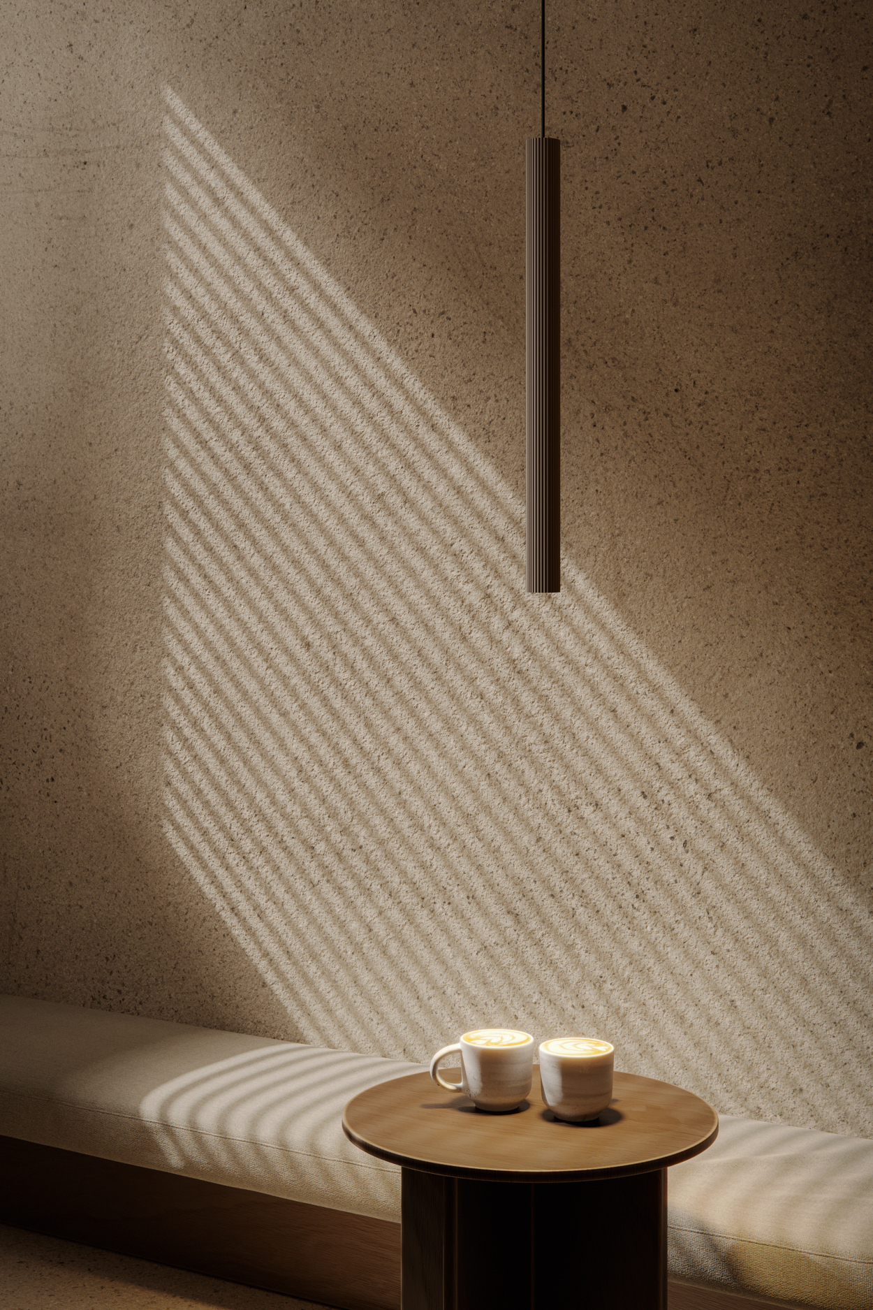 Extruded stripped pendant luminaire bronze brushed anodised in hospitality setting