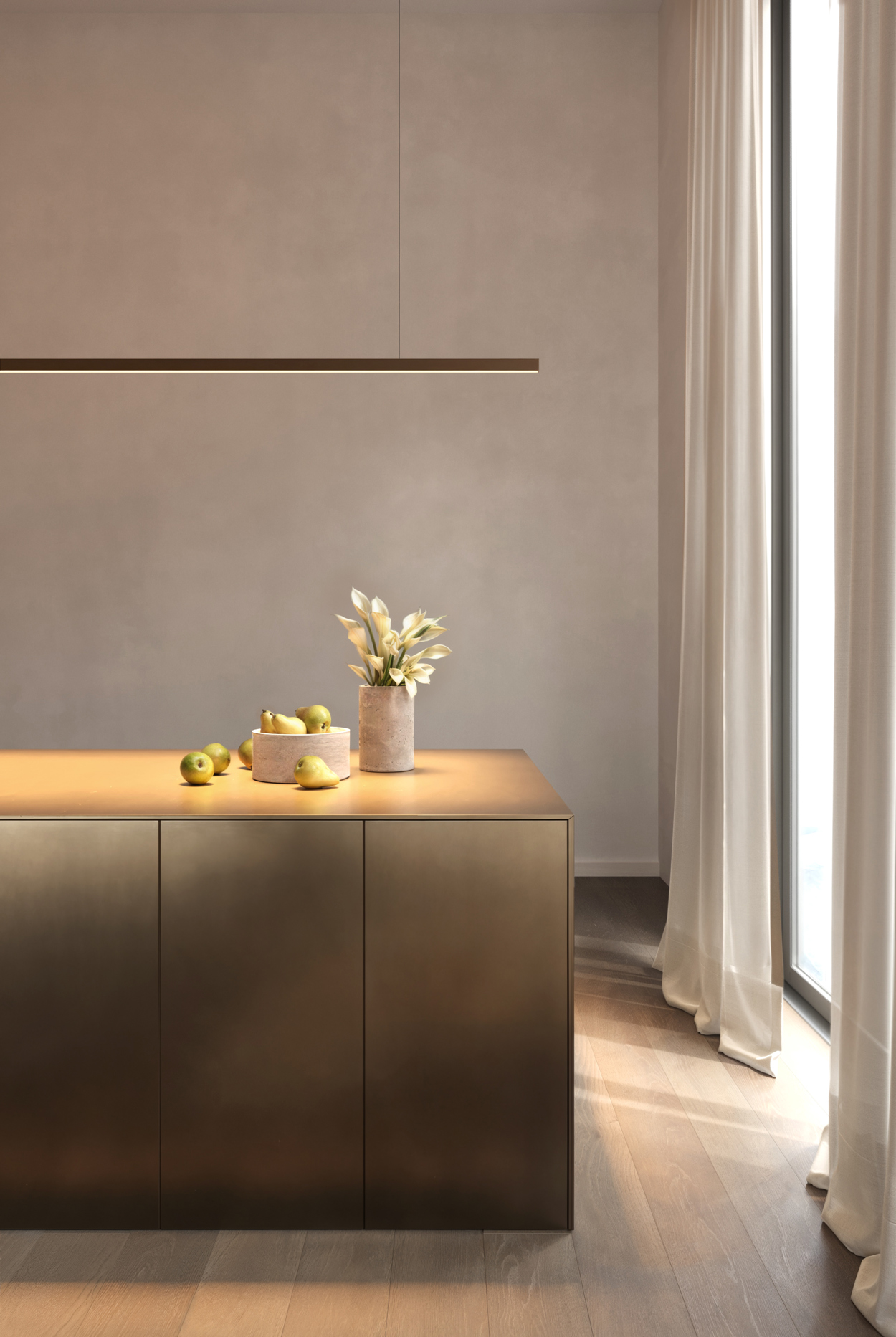 SLD20 Suspended above kitchen island in residential project in Bronze Brushed Anodised
