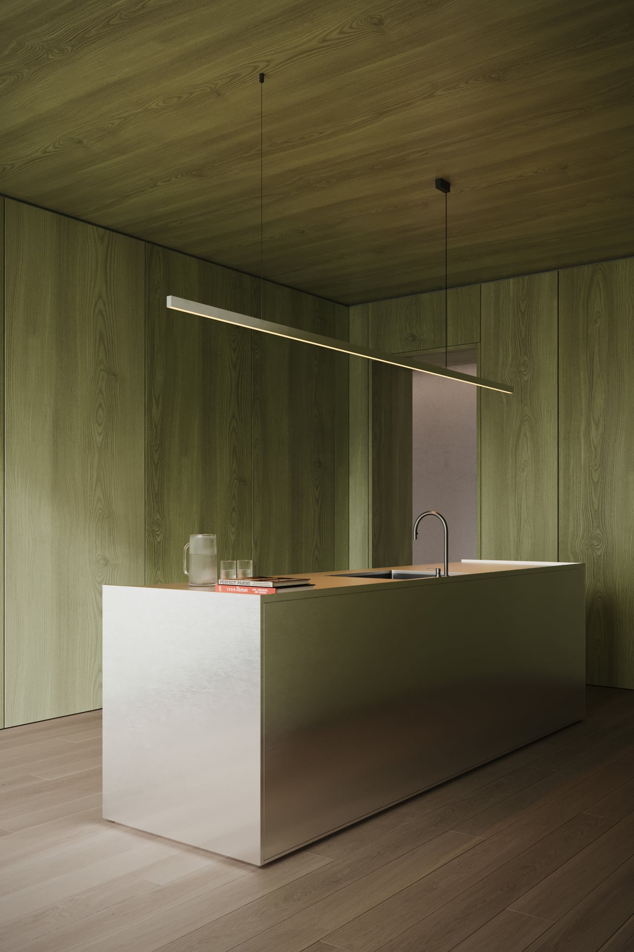 SLD20 above kitchen island in residential setting in aluminium raw