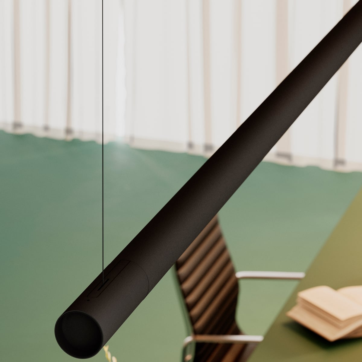 Straw Suspended Black Structure in office setting detailed image