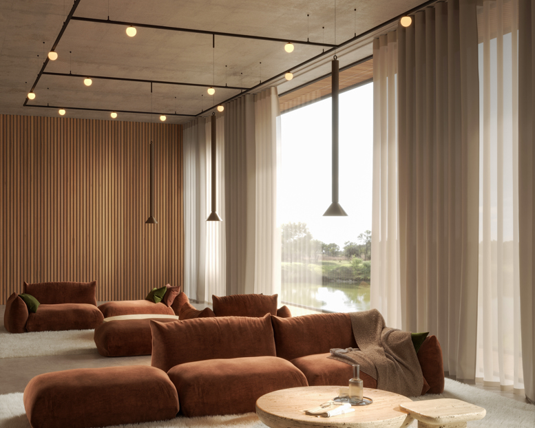 Creative track lighting in lounge area