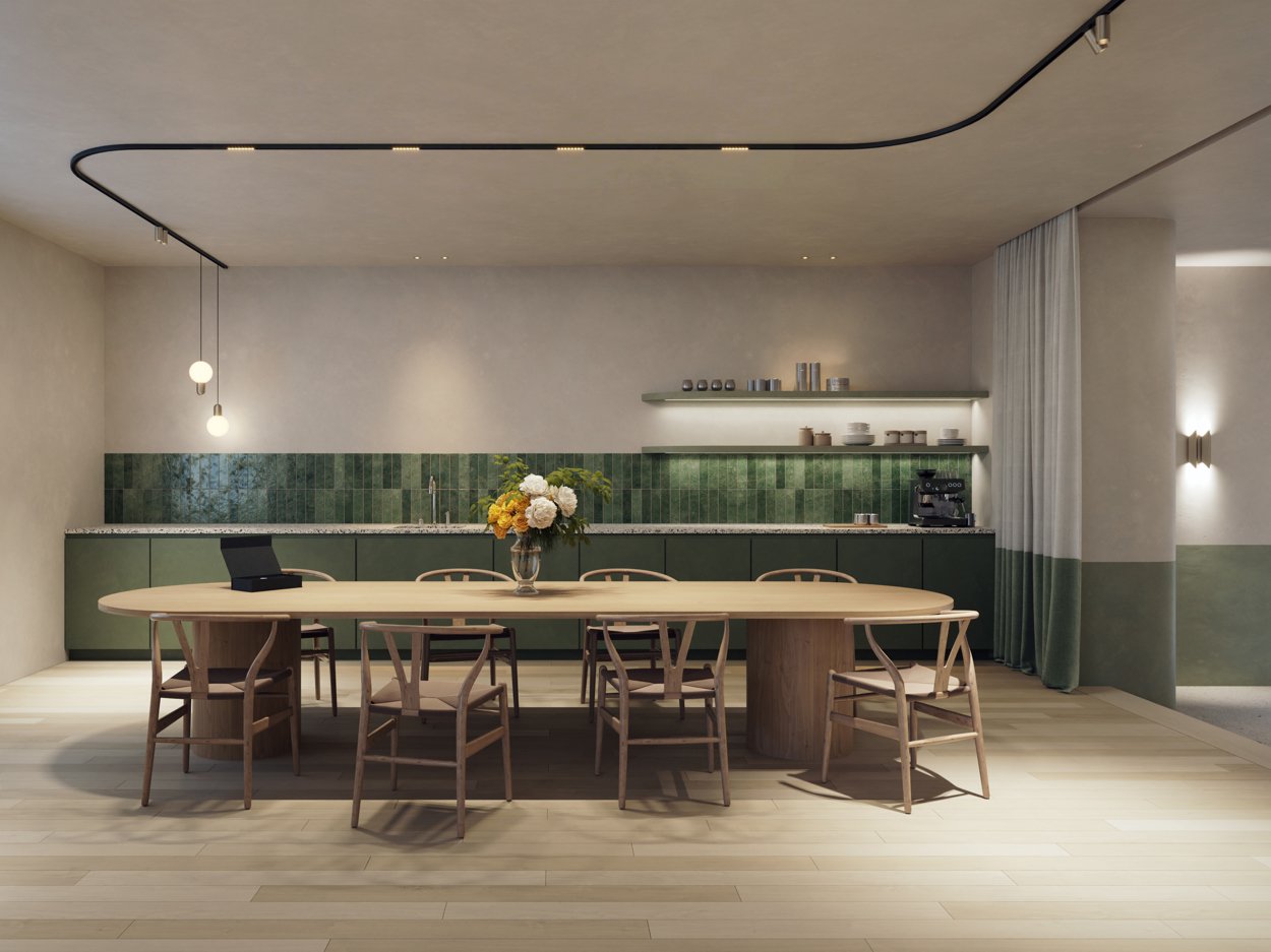 Multfunctional space with table and kitchen