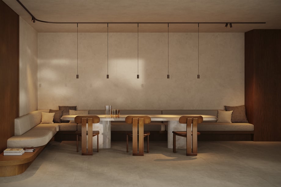 Pista Track 48V Surface with Minude Track 48V Bronze Brush Anodised above dining table in residential setting
