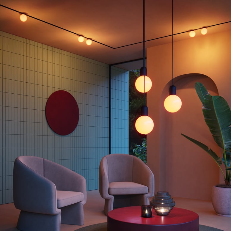 restaurant with track lighting & suspended lighting