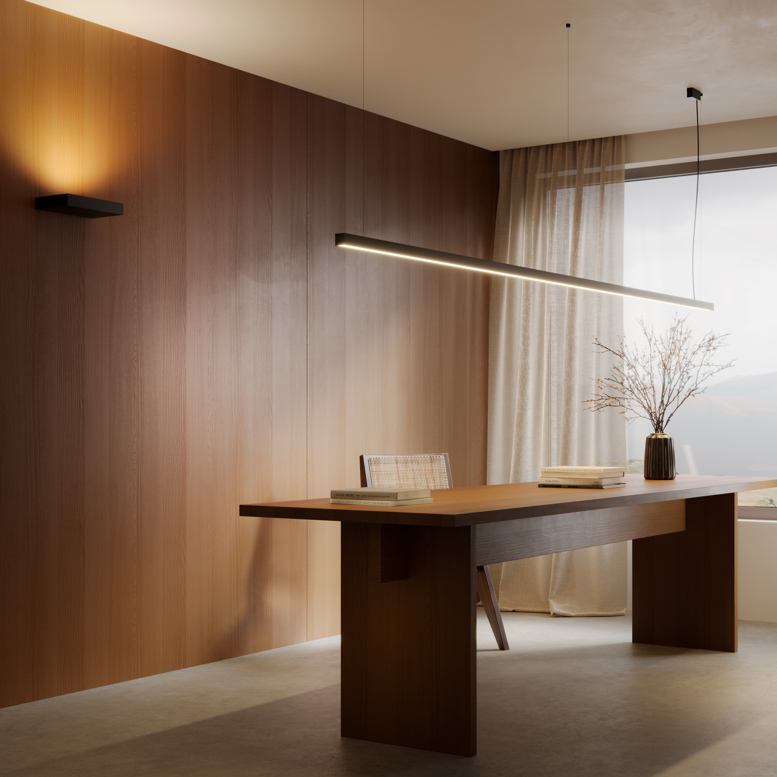 Suspended linear lighting in home office