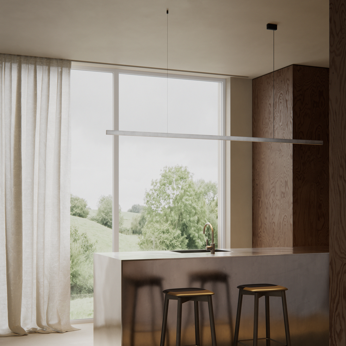 SLD20 Suspended Aluminium Silk Brushed above kitchen island in private residence