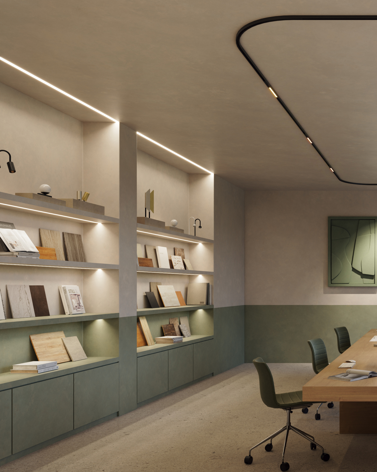SLD25 Recessed Trimless in office setting lighting up book shelves