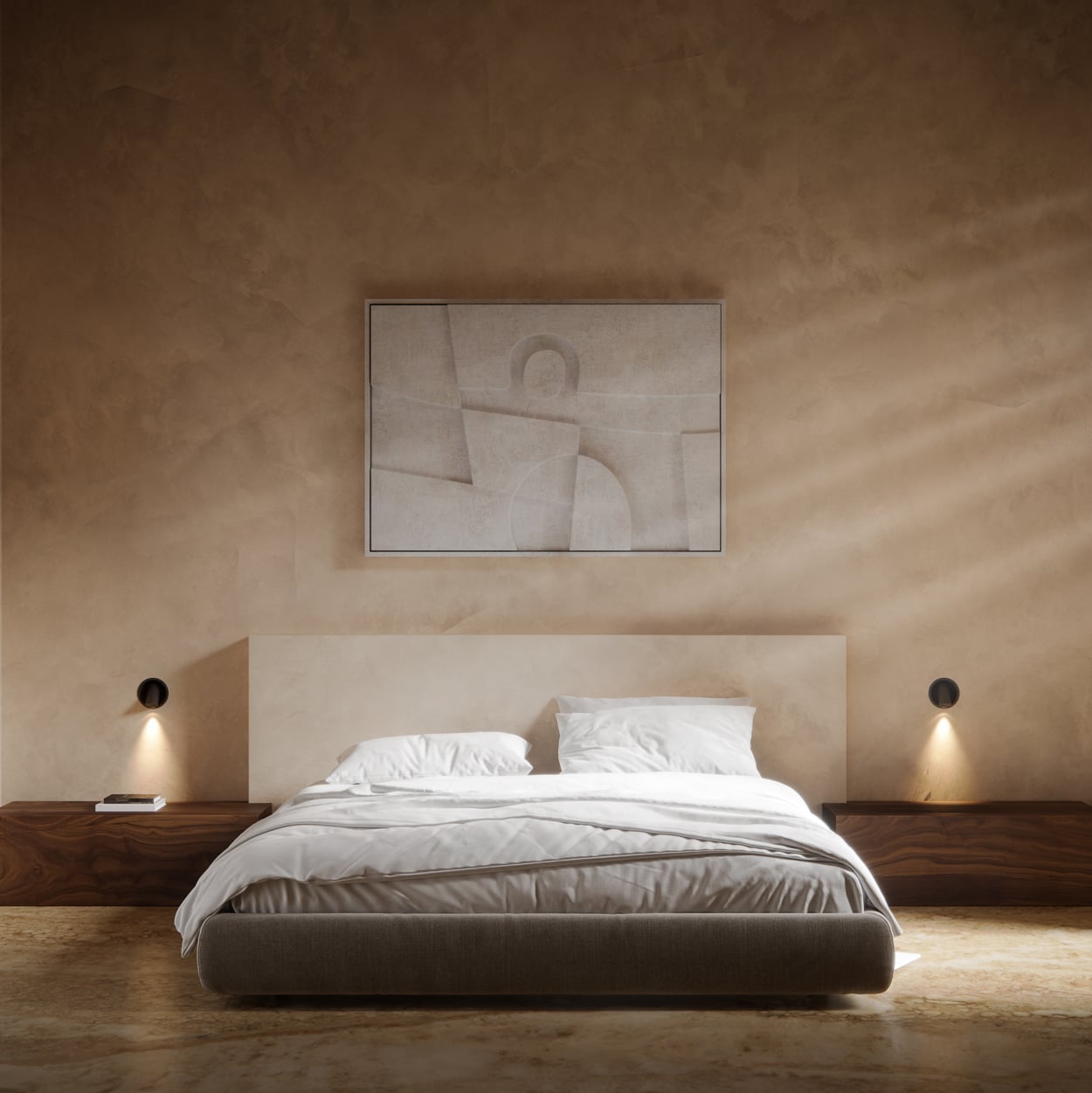 Hollow in bedroom of a private residence above the nightstands on both sides of the bed