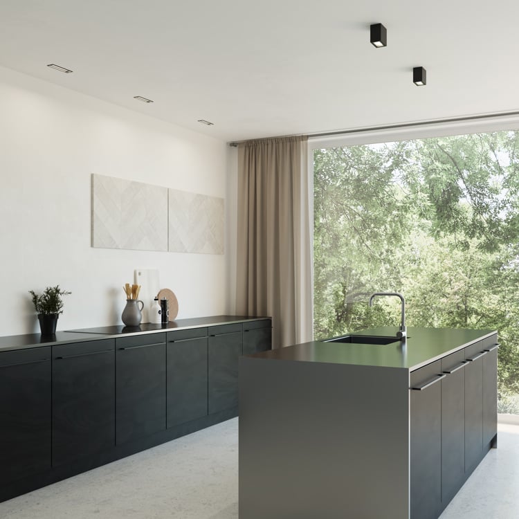 Black cube lights in a modern kitchen island