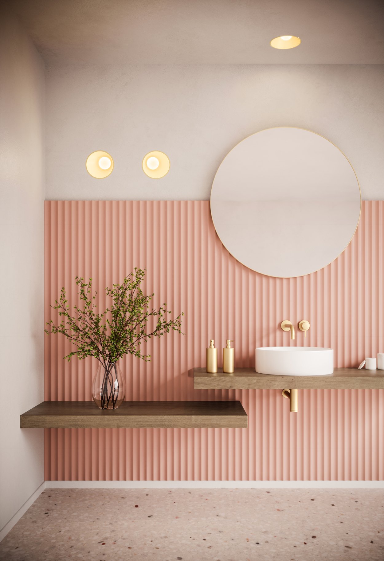 Recessed round lighting in pink bathroom