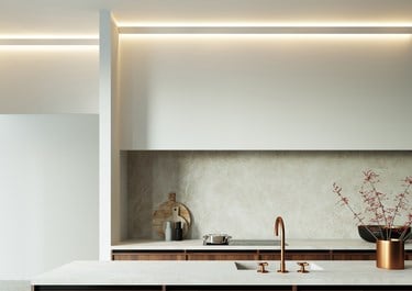 Curved corner ceiling lighting in a modern kitchen