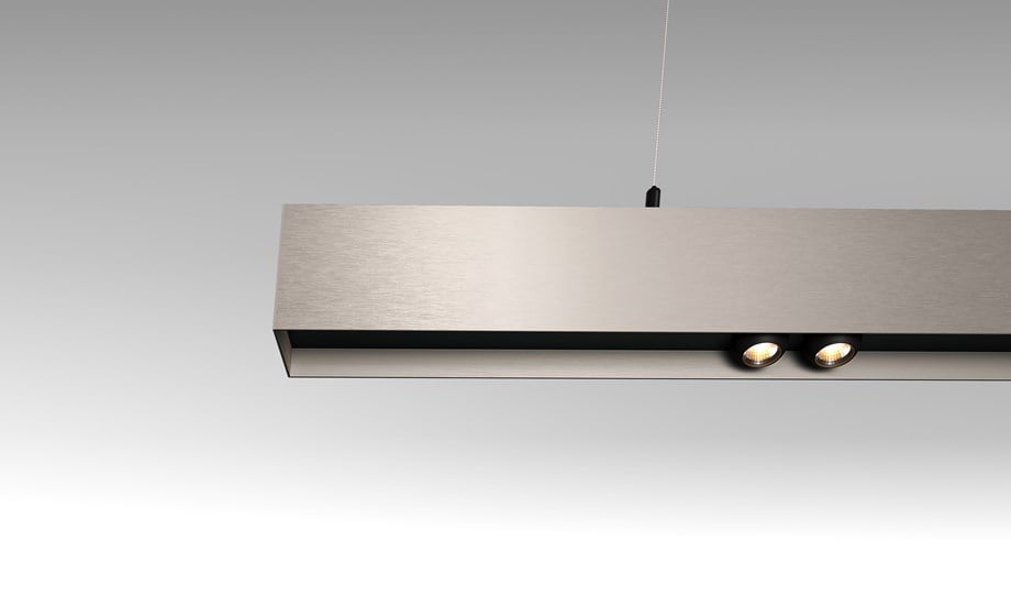 Silver Bronze suspended linear lighting combined with light bulbs