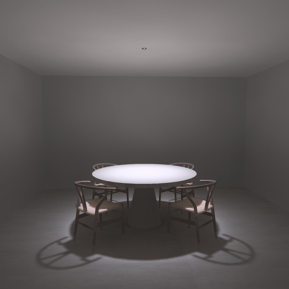 Dialux 3D rendering showing Klevr’s focused beam illuminating a round dining table with precise light distribution, soft fall-off and minimal spill light.