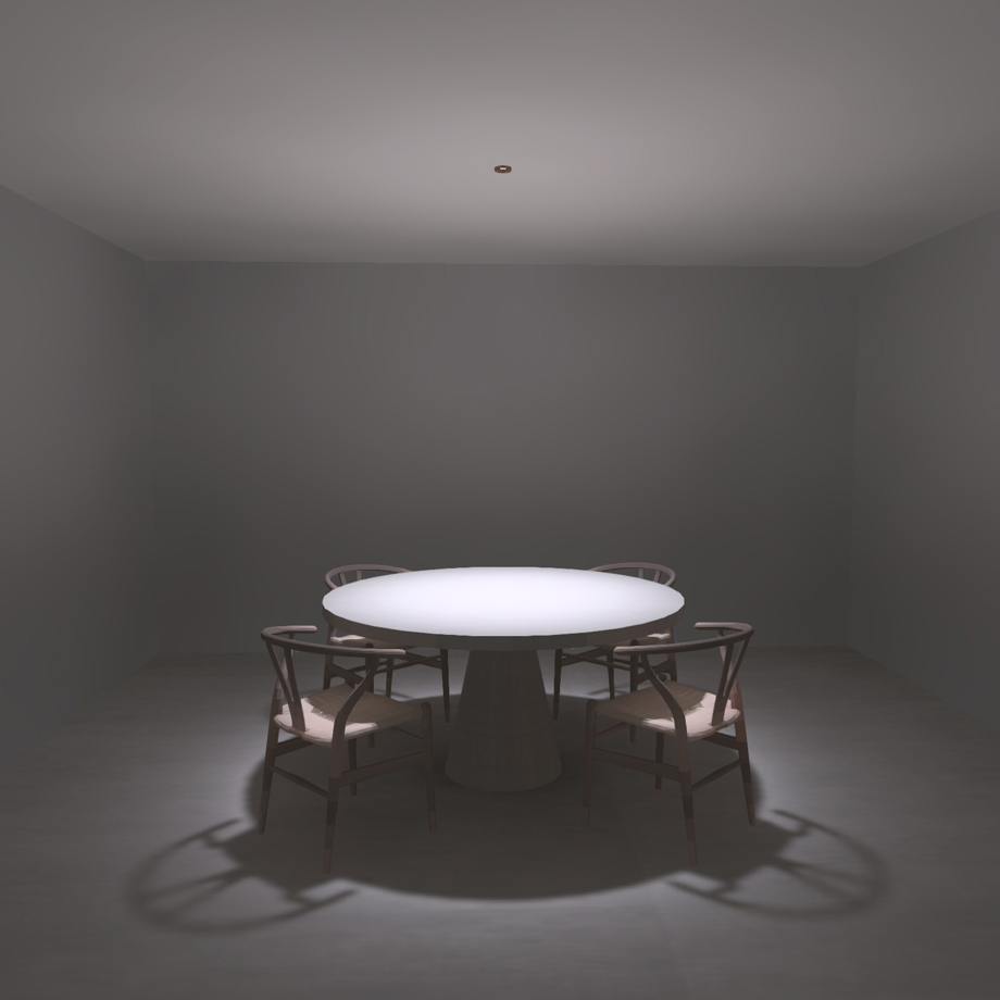 Dialux 3D rendering showing Kup's focused beam illuminating a round dining table with precise light distribution, soft fall-off and minimal spill light.