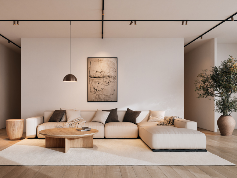 Architectural track 48V lighting above sitting area
